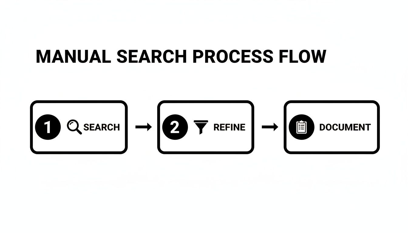 A flowchart titled 'MANUAL SEARCH PROCESS FLOW' illustrating three steps: 1 Search, 2 Refine, and 3 Document.