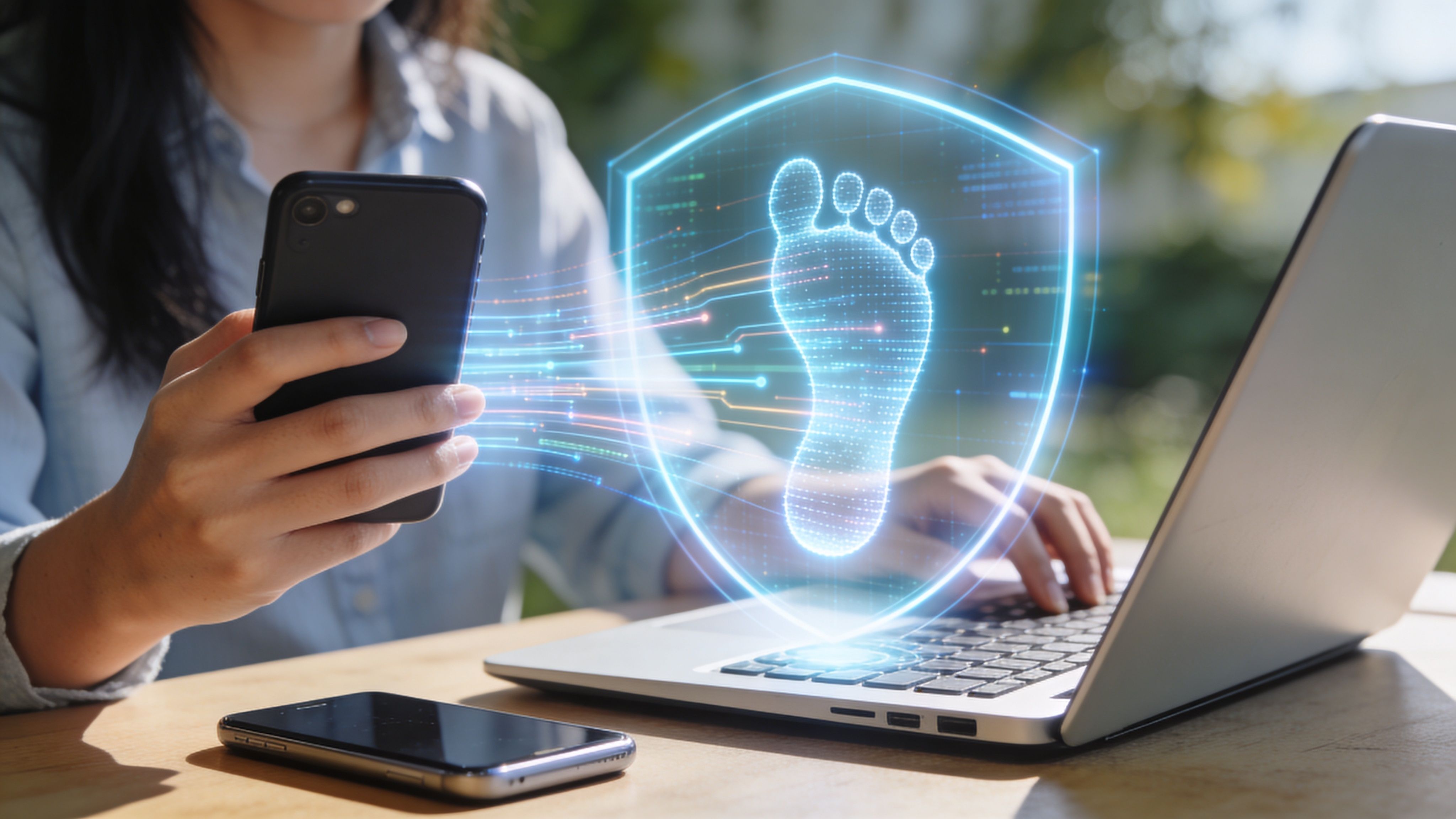 A person using a laptop and smartphone with a glowing digital footprint security shield graphic overlay.