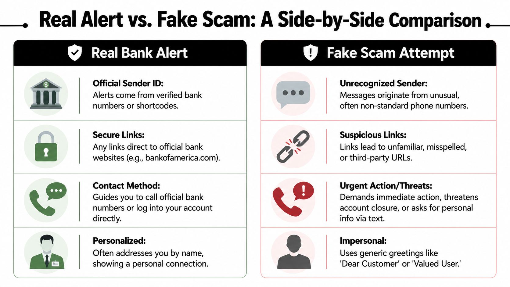 A comparison chart showing the differences between legitimate bank alerts and fraudulent text message scam attempts.