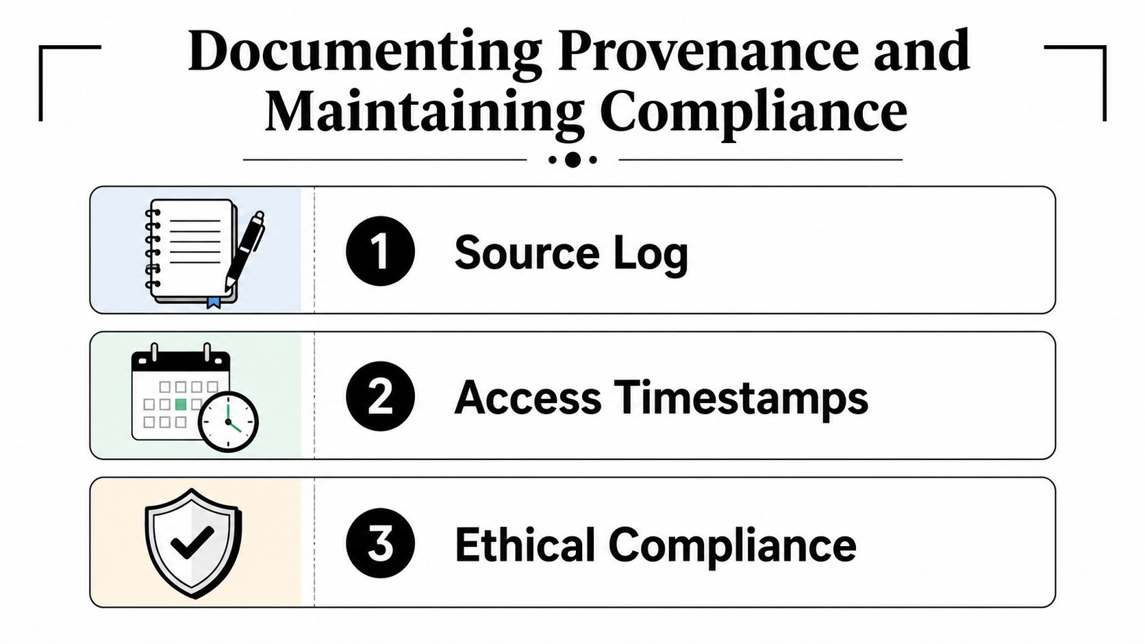 An infographic titled Documenting Provenance and Maintaining Compliance listing source logs, access timestamps, and ethical compliance steps.