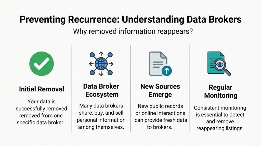 A diagram explaining why removed personal information reappears on data broker websites due to data sharing ecosystems.
