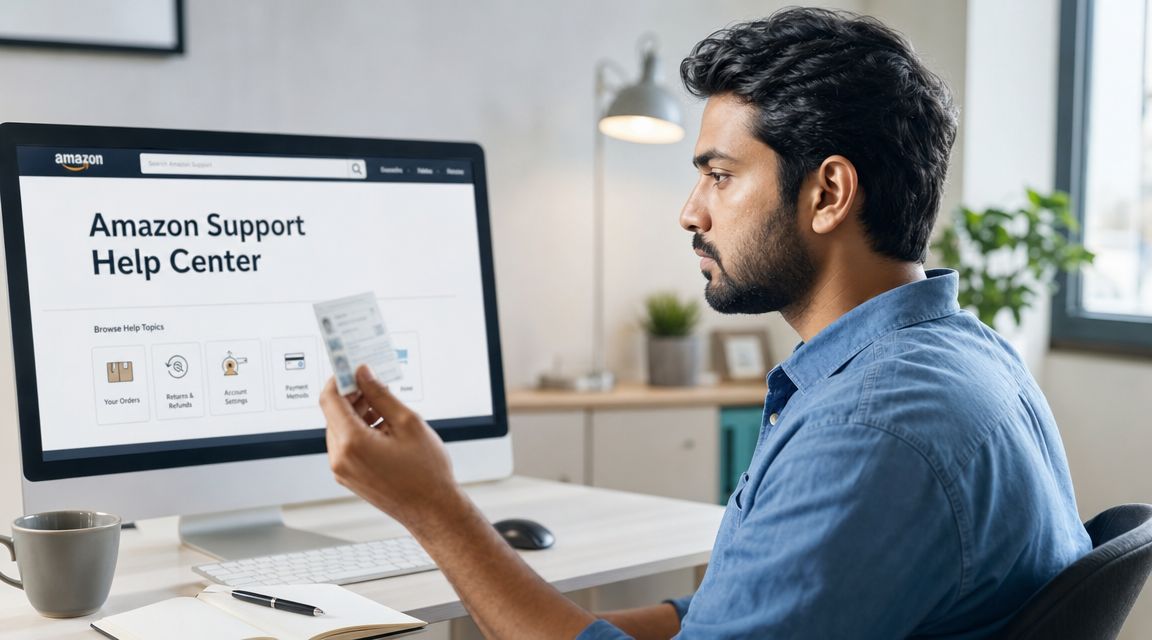 A man looking at a government identification card while using the Amazon Support Help Center website.
