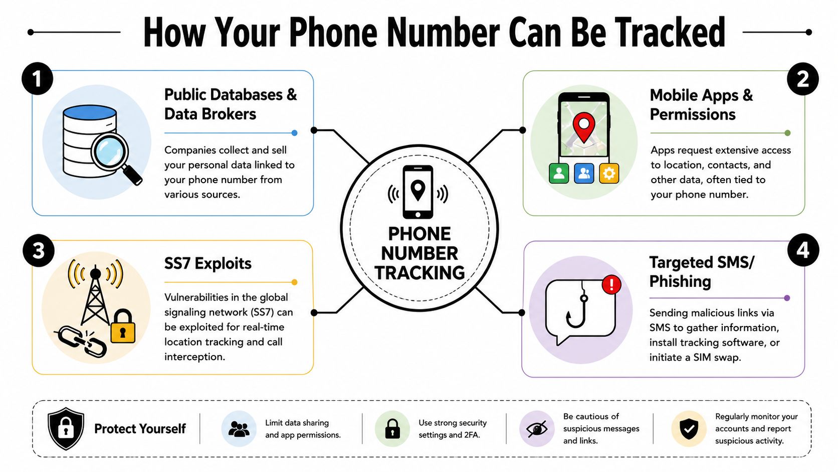 An infographic showing four common ways phone numbers can be tracked by third parties for security awareness.