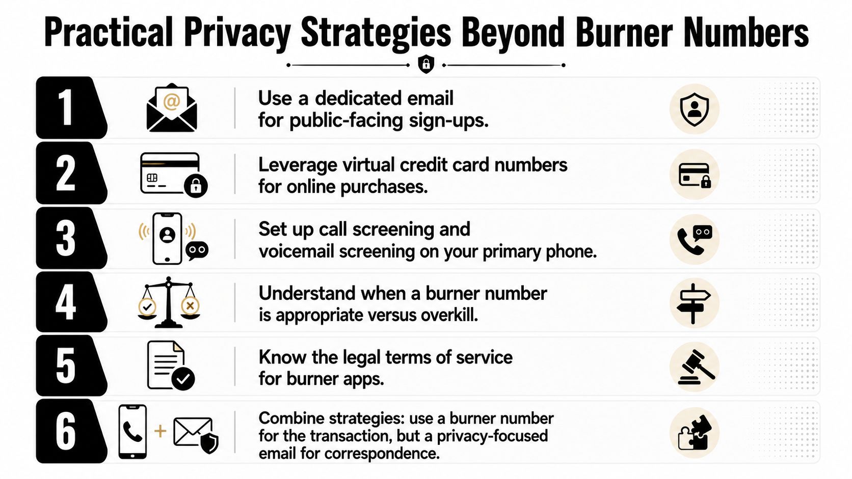 An infographic list outlining six practical privacy strategies to protect personal information beyond using burner phone numbers.
