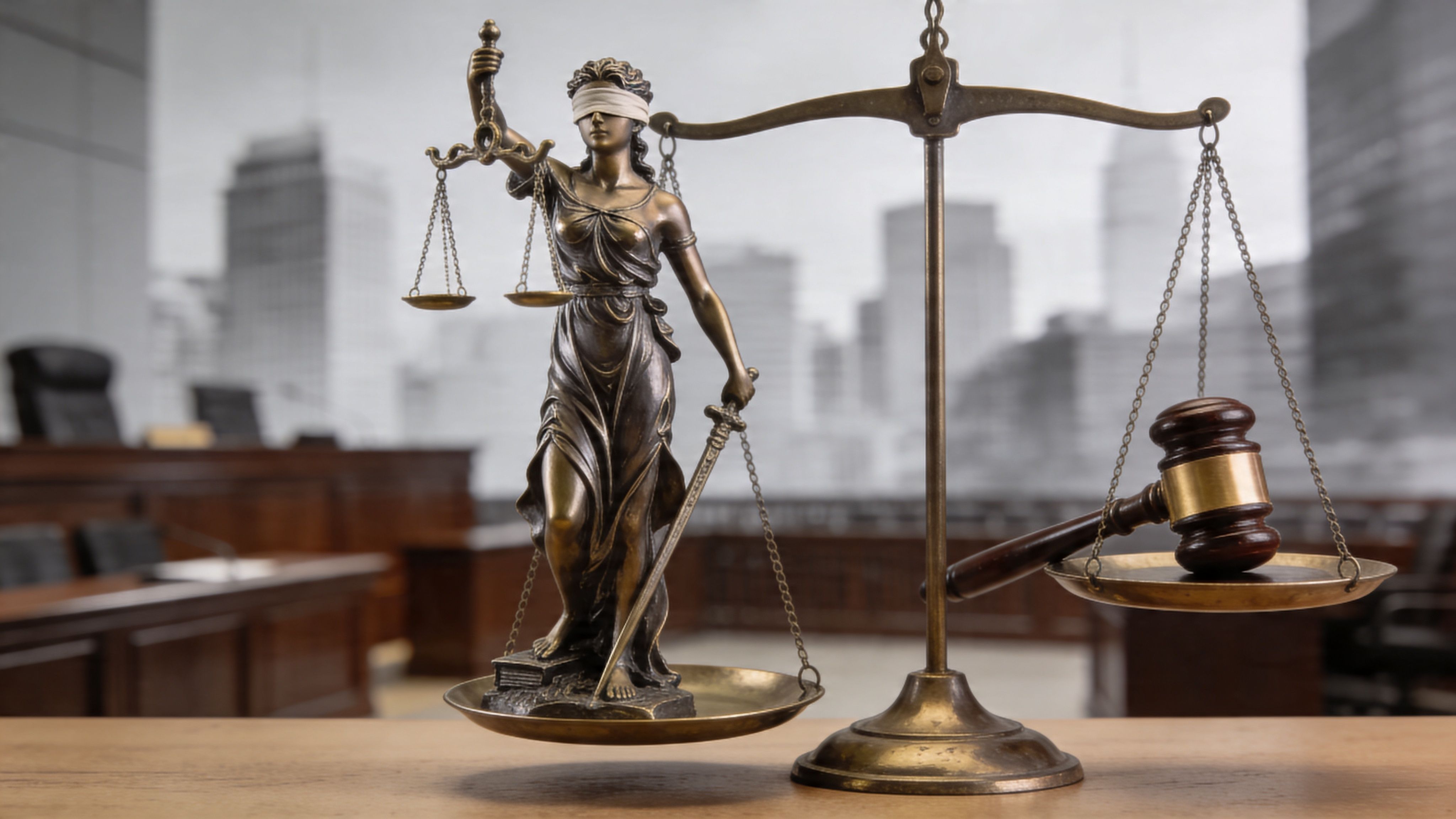A bronze statue of Lady Justice holding scales and a sword next to a wooden gavel.
