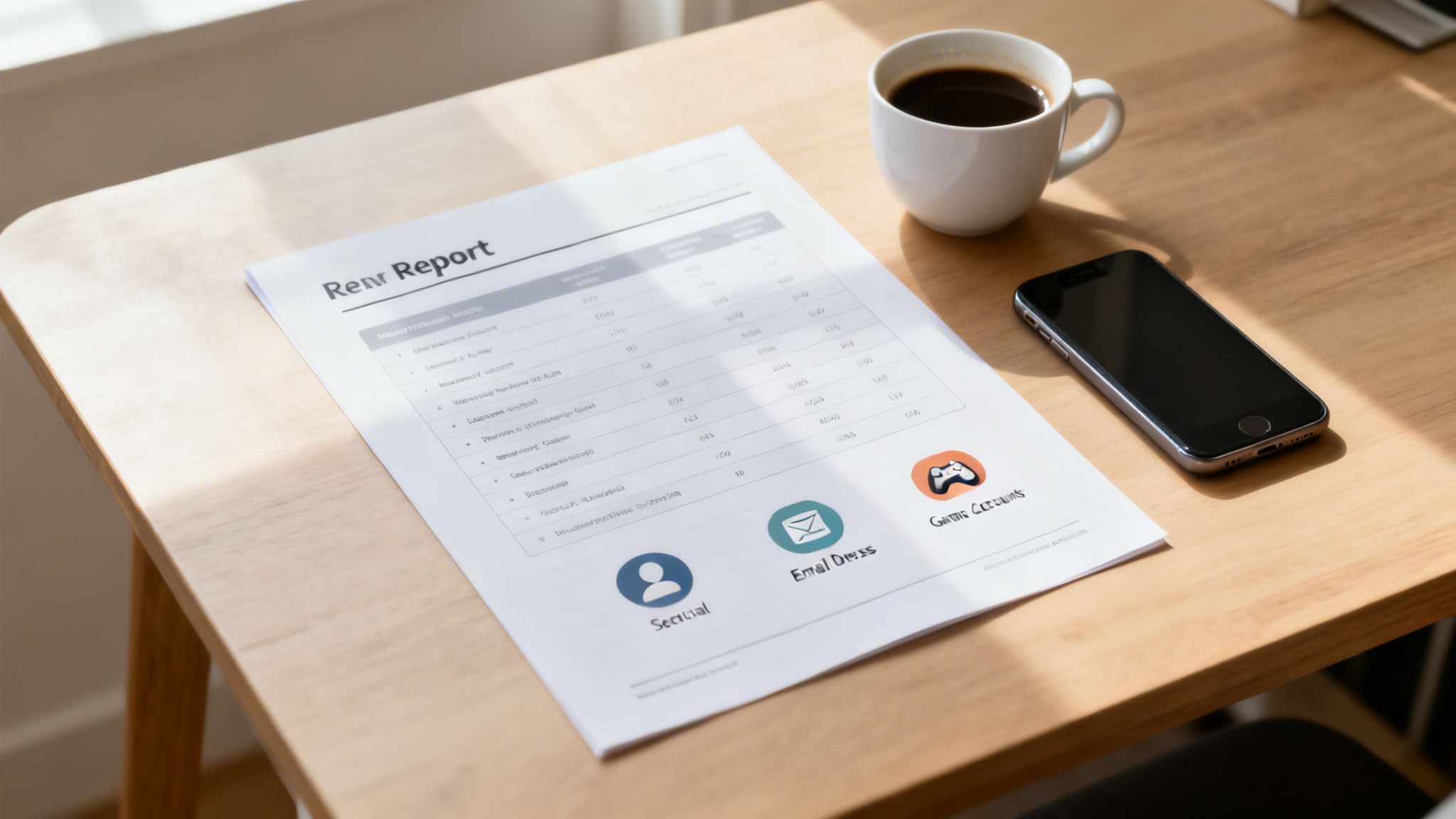 A top-down view of a wooden desk with a report, a cup of coffee, and a smartphone.