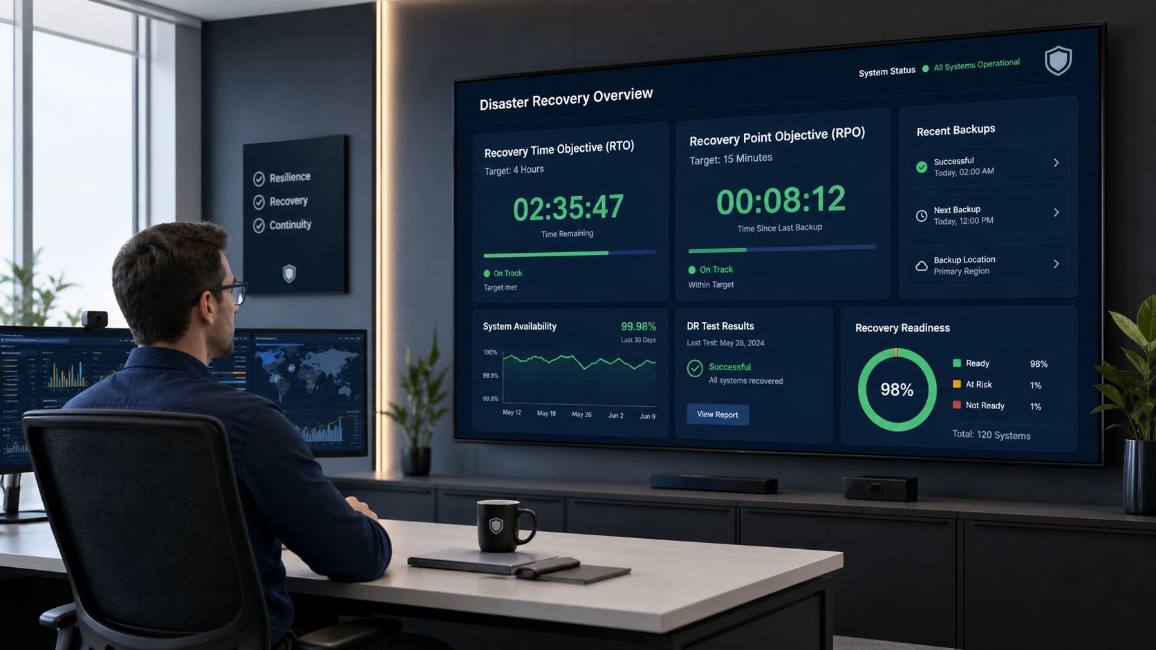 A professional IT specialist monitors disaster recovery metrics and system health on a large office display.
