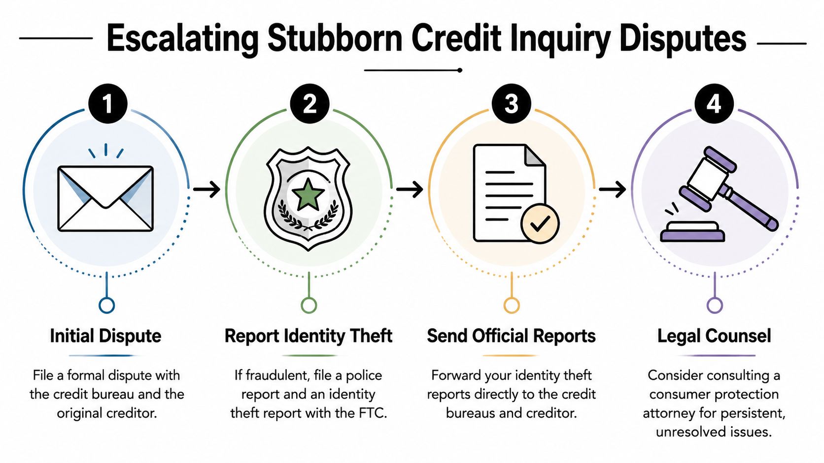 A four-step infographic illustrating the process for escalating and resolving stubborn credit inquiry disputes.