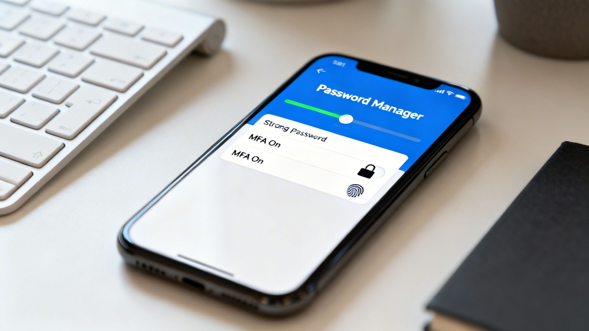 A smartphone displays a password manager app on a desk next to a white keyboard.