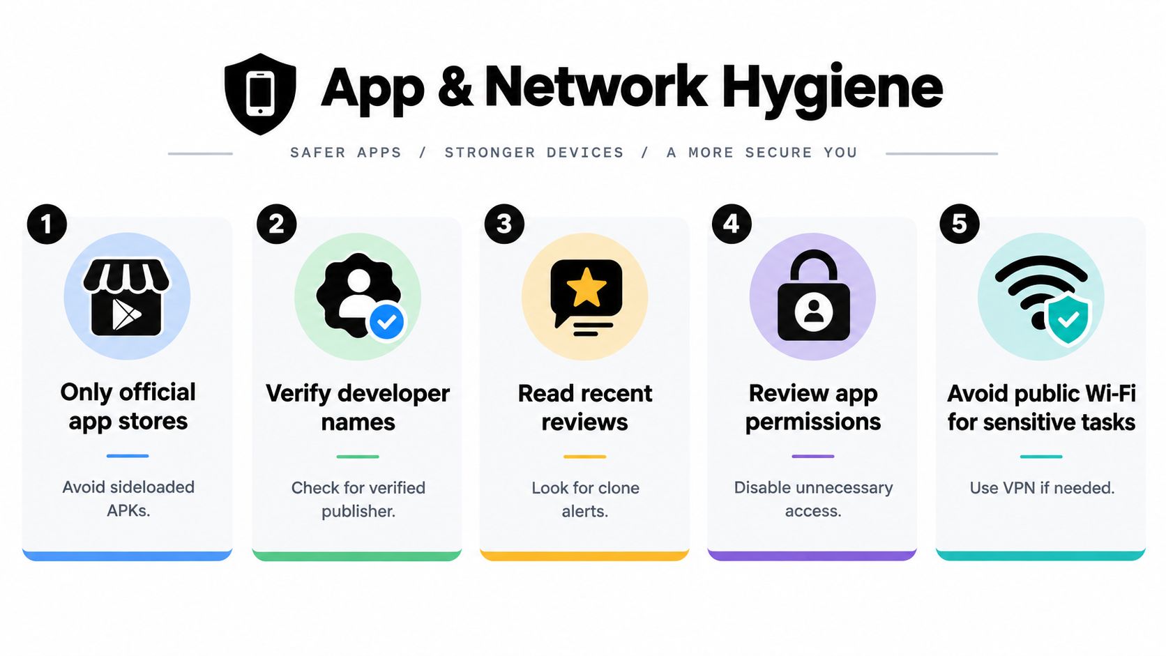 An infographic detailing five best practices for maintaining app and network security on mobile devices.