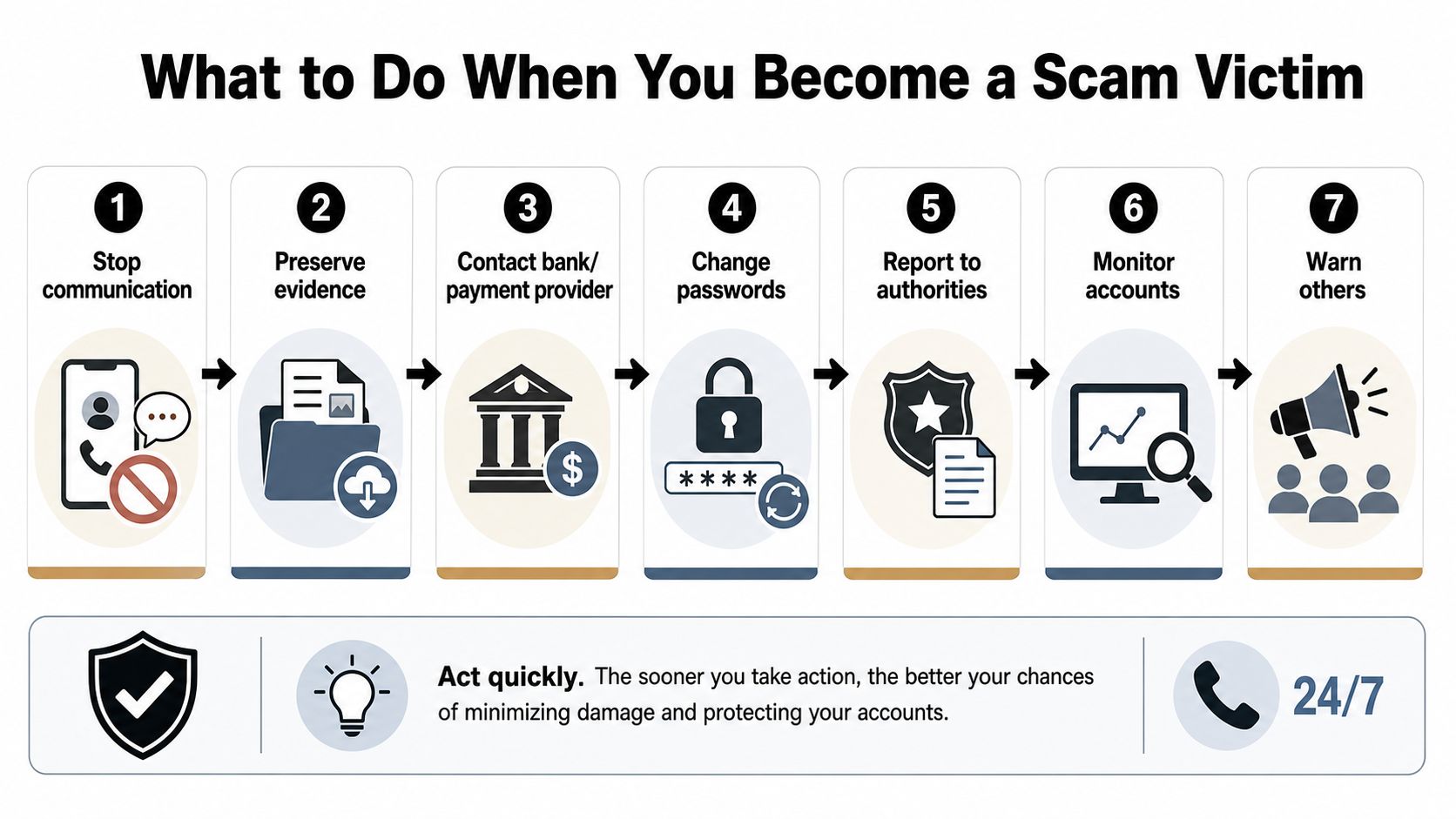 A seven-step infographic showing actions to take if you become a victim of an online scam.