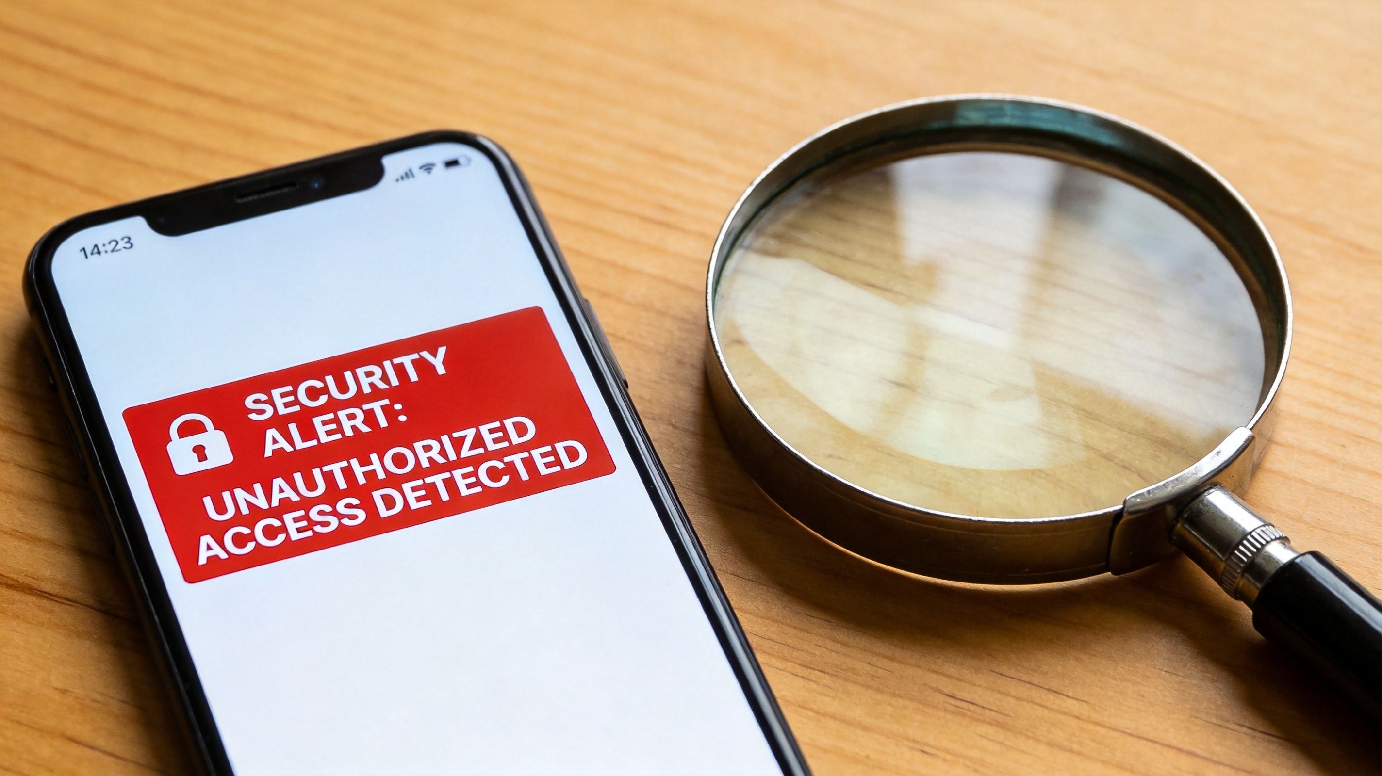 A smartphone screen displaying a security alert regarding unauthorized access, next to a magnifying glass.