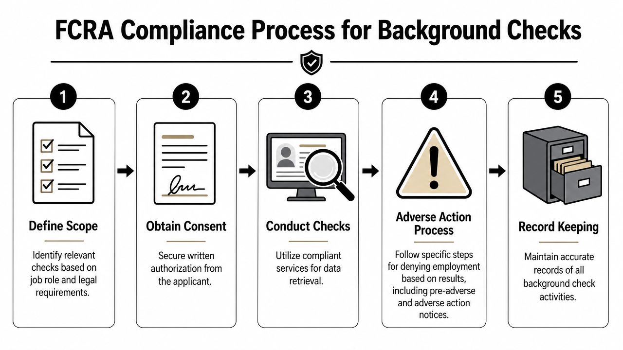 A five-step infographic illustrating the FCRA compliance process for conducting professional background checks on job applicants.