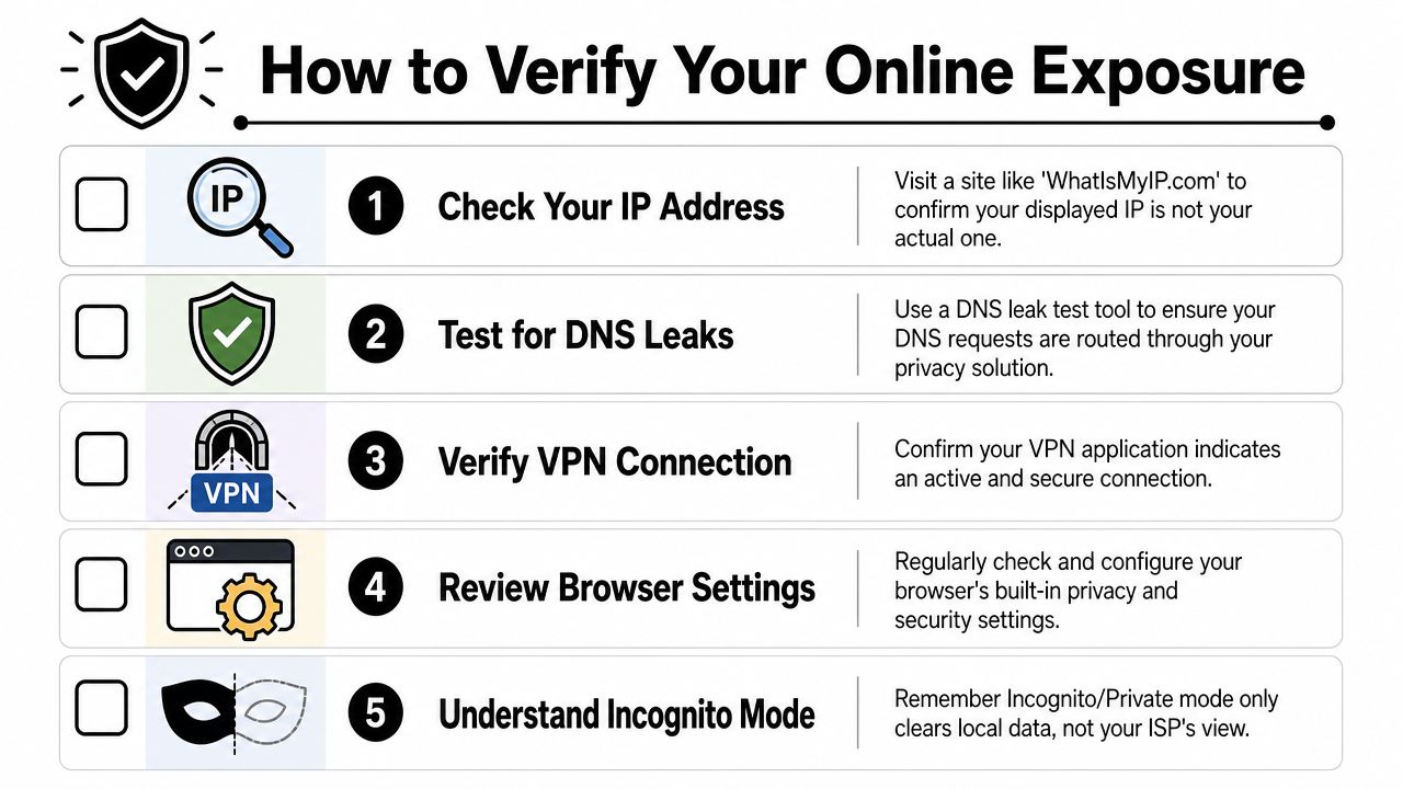 A five-step infographic showing how to verify your online exposure and protect your digital privacy and security.