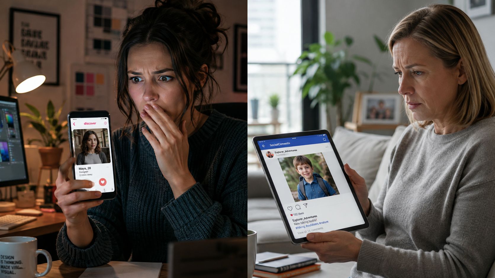 Two women looking concerned while viewing digital personal profiles and social media content on mobile devices.