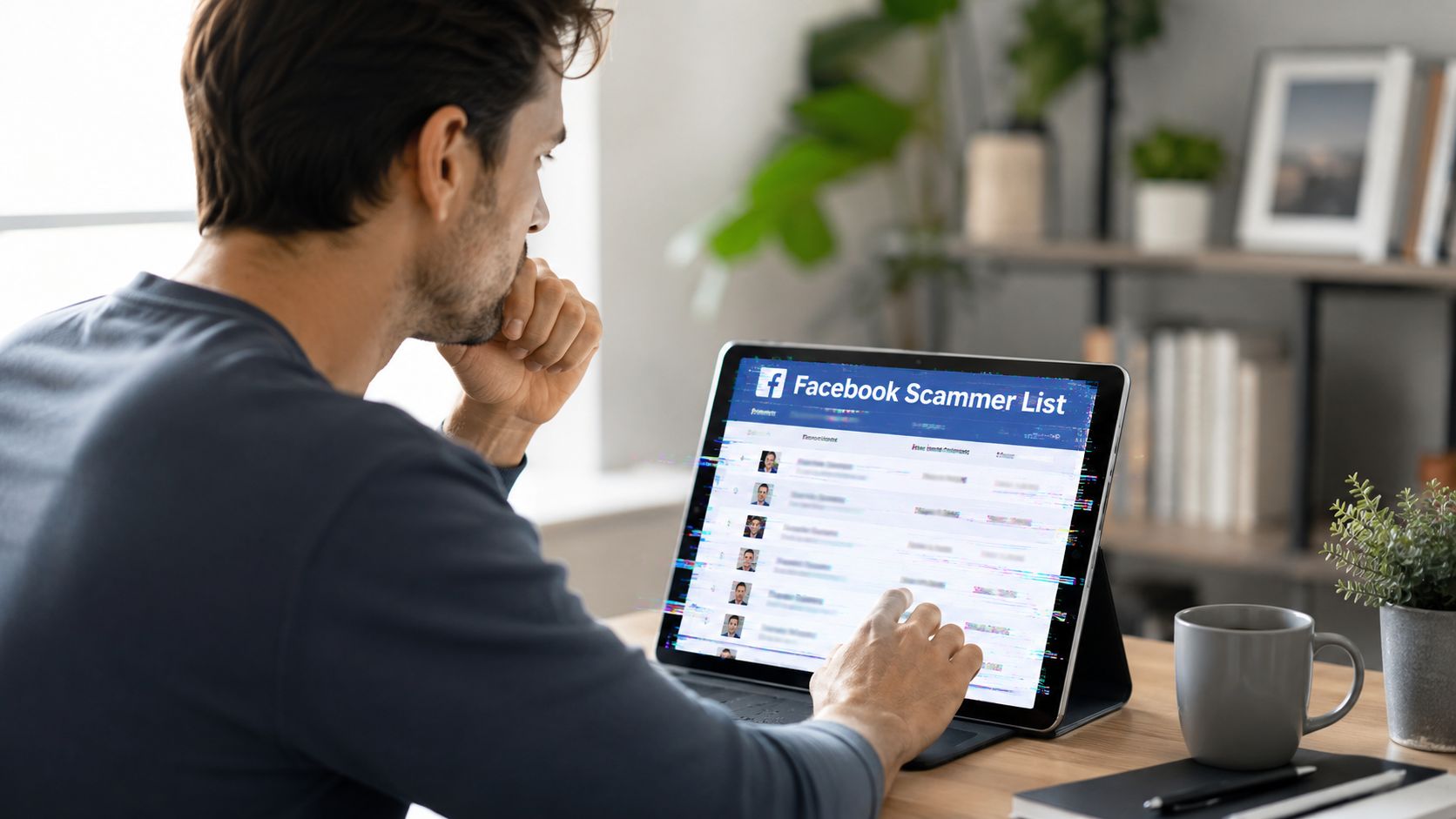 A man sits at a desk looking at a list of Facebook scammers on his tablet screen.