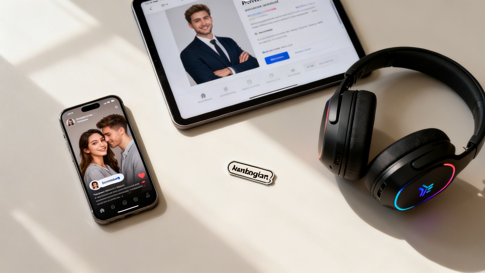 A flatlay of a phone displaying a couple, a tablet with a profile, headphones, and a pin on a white desk.