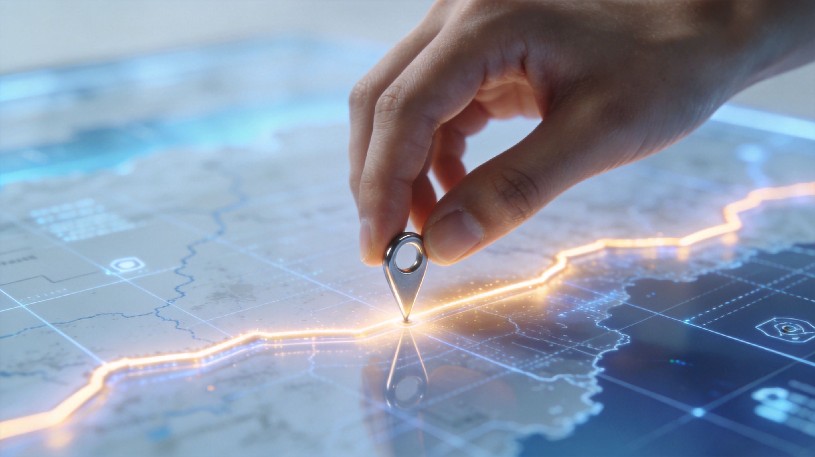 A hand placing a digital location pin on a glowing interactive map interface for navigation