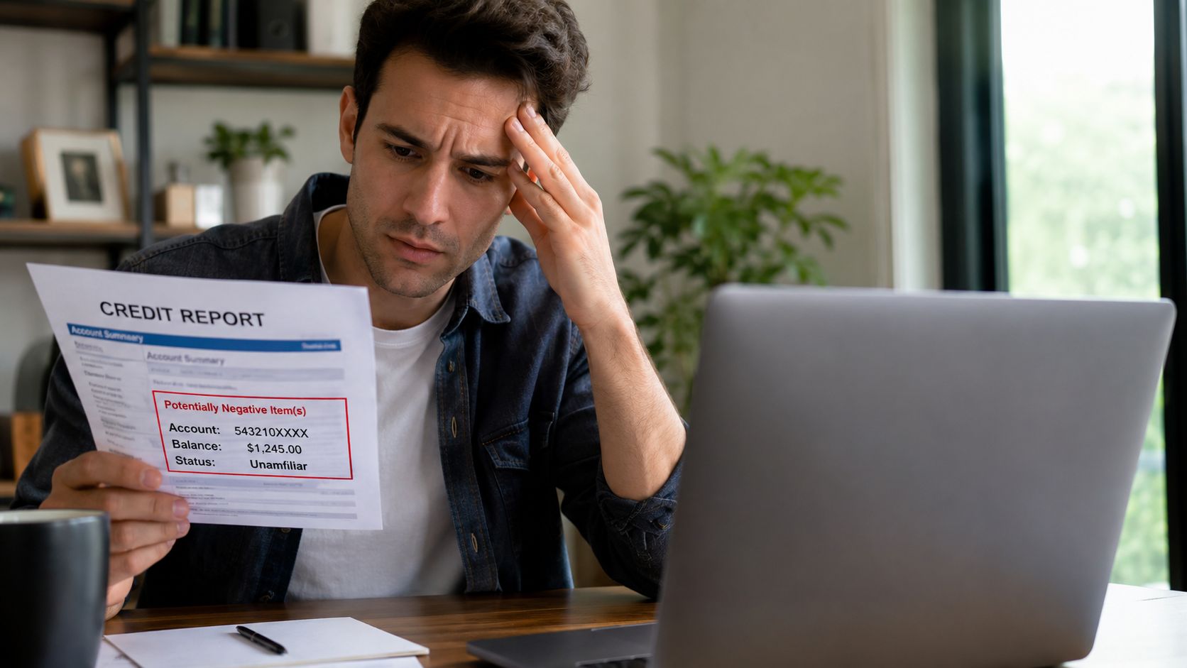 A worried man reviews a credit report showing a potentially negative account balance on his laptop desk.
