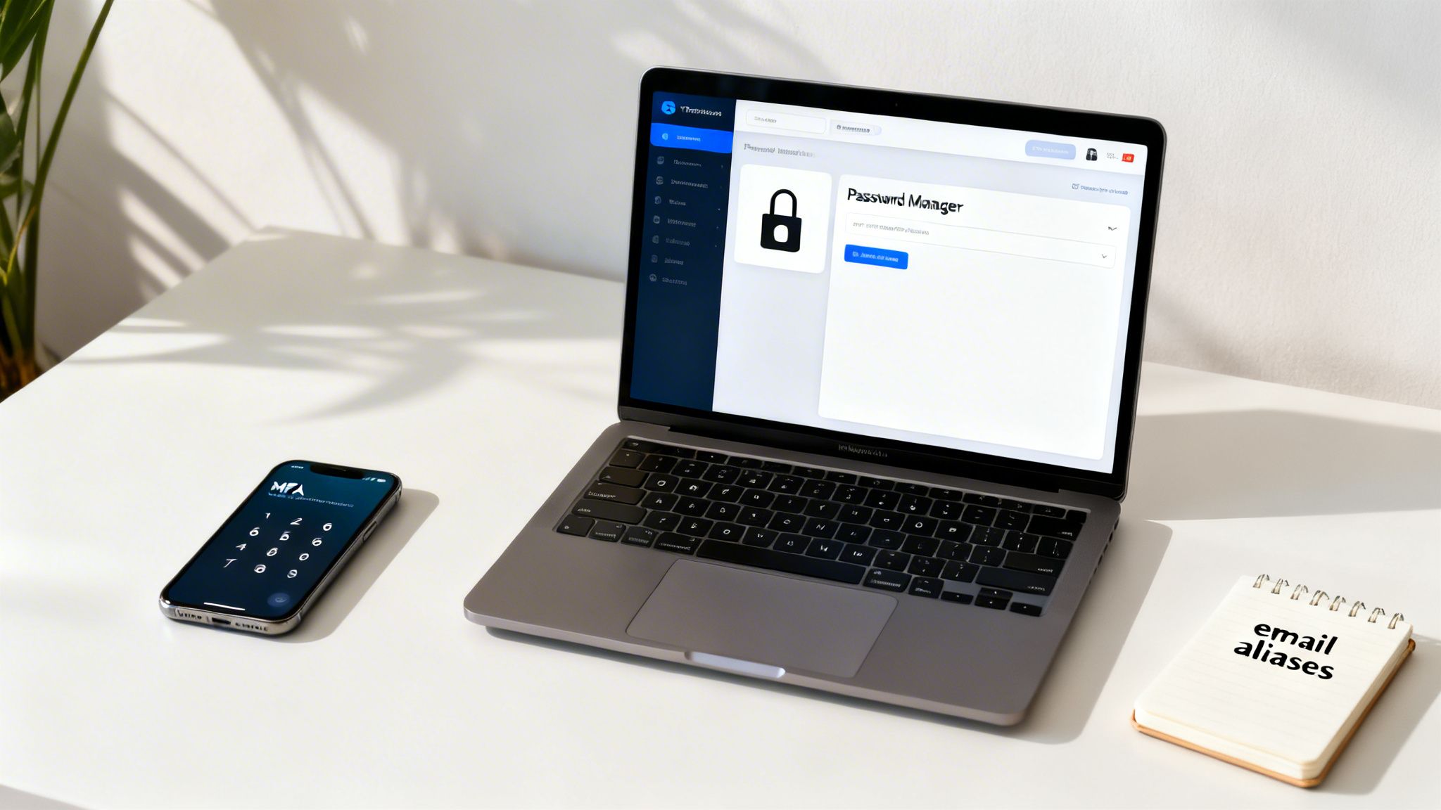 A desk setup featuring a laptop with a password manager, a smartphone for MFA, and a notebook labeled 'email aliases'.