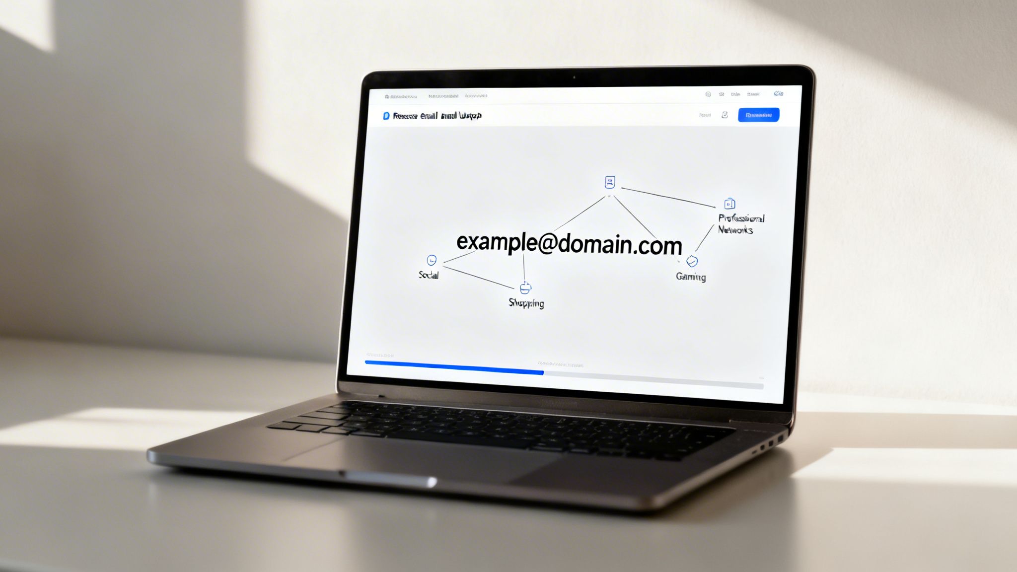 A laptop displays a digital mind map with 'example@domain.com' at the center, linked to 'Social', 'Shopping', 'Gaming', and 'Professional Networks' categories.