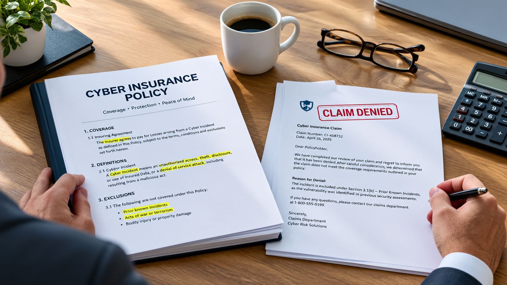 A person reviewing a denied cyber insurance policy claim document at a wooden desk with a calculator.