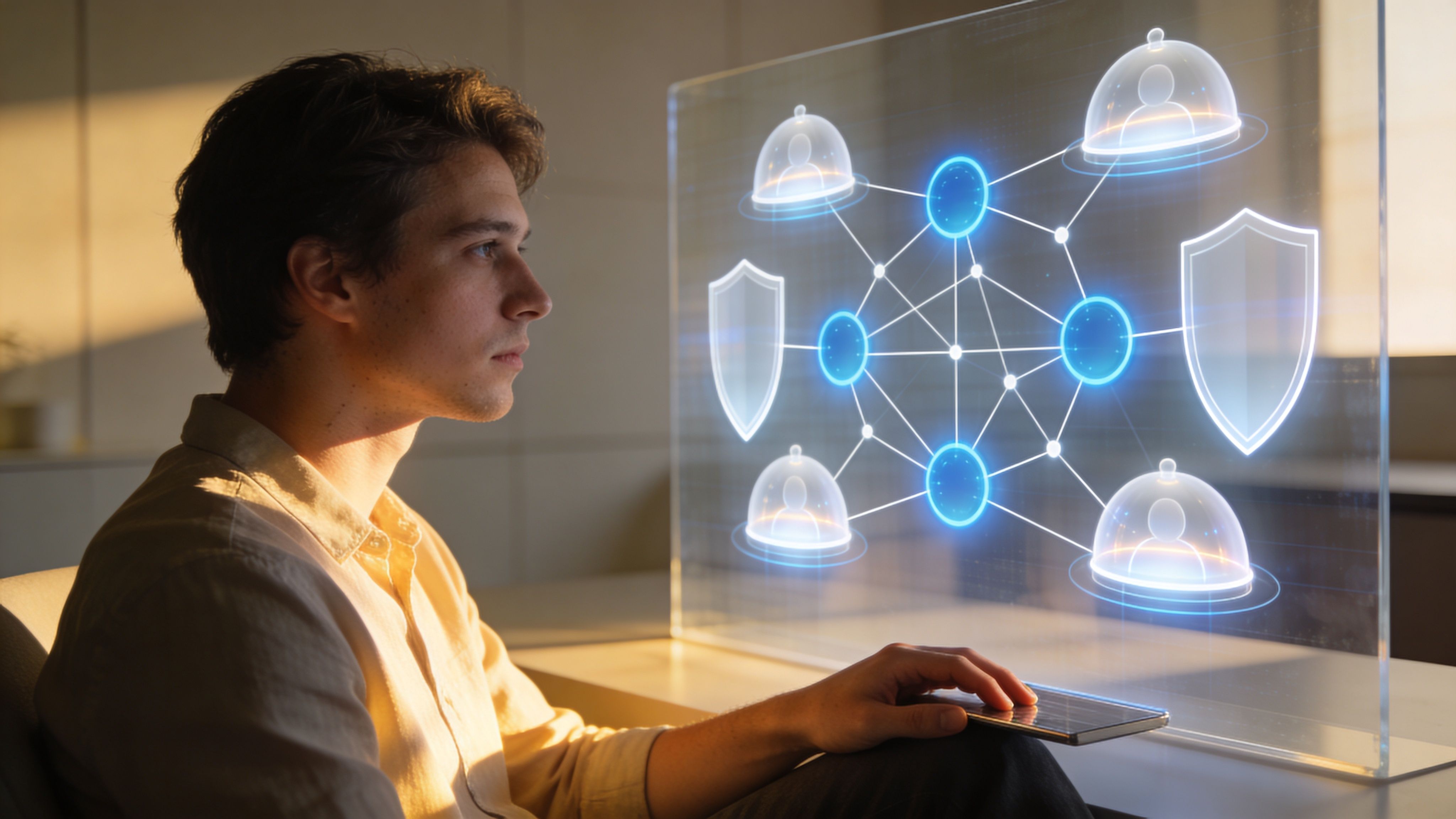 A man sits at a desk interacting with a glowing digital network interface on a glass screen.