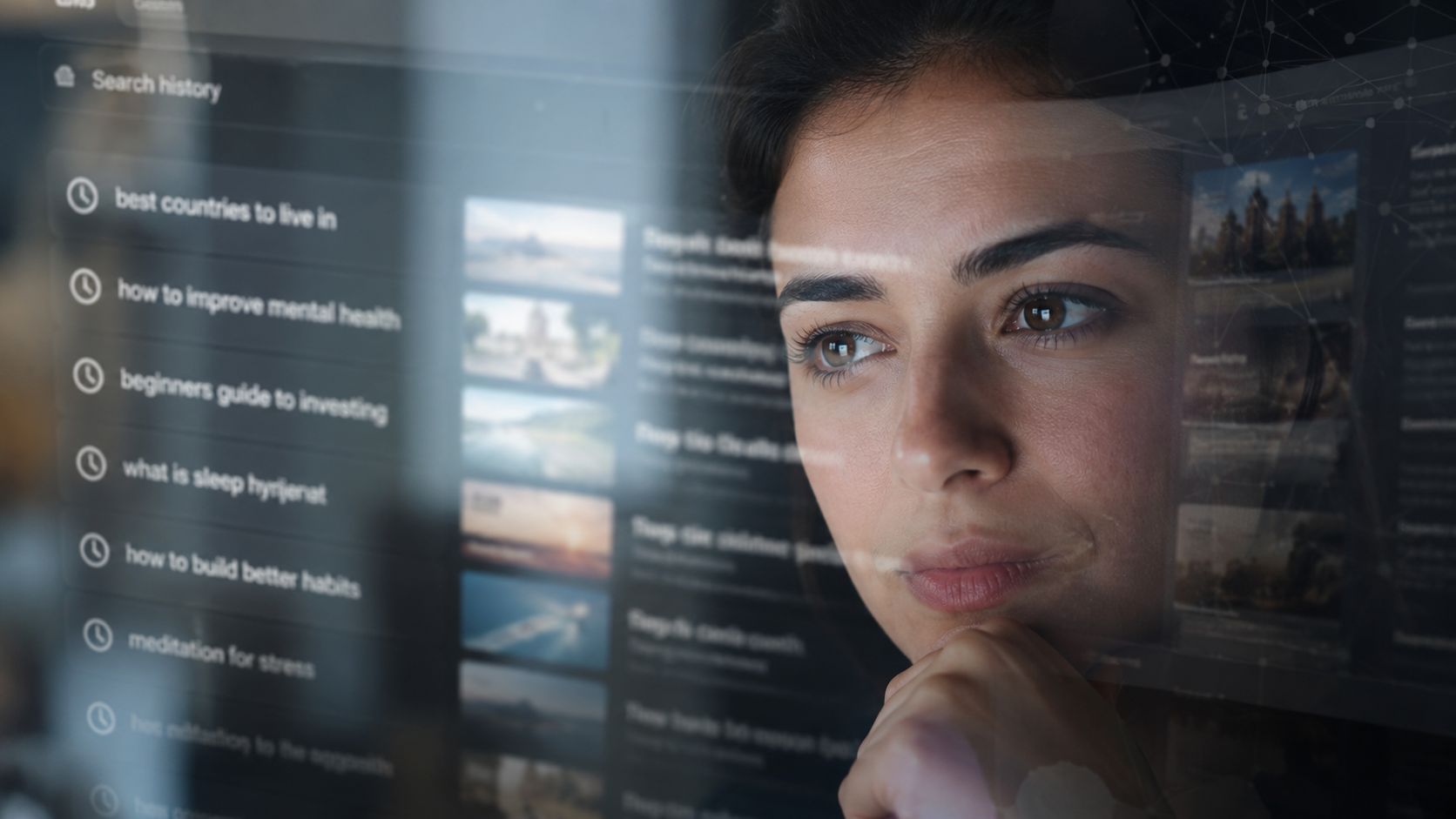 A woman gazing thoughtfully at a digital interface displaying a list of her recent search history inquiries.