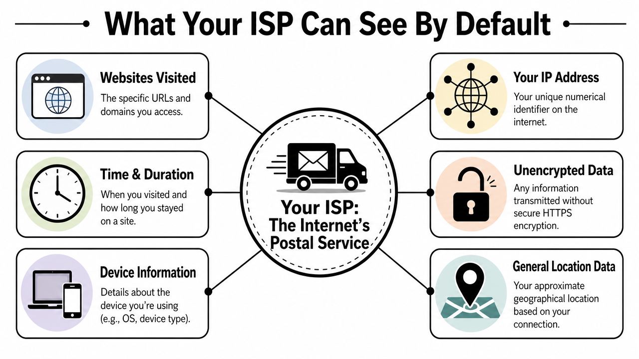 An infographic illustrating the types of data your internet service provider can monitor by default while you browse.