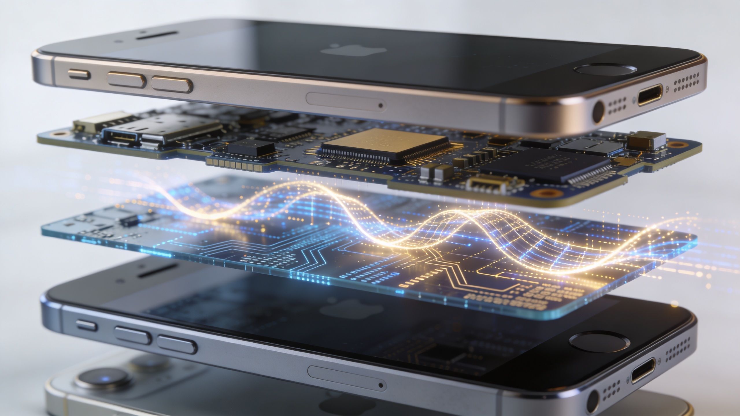 A conceptual digital illustration of an iPhone being disassembled with holographic circuit boards glowing between phone layers.
