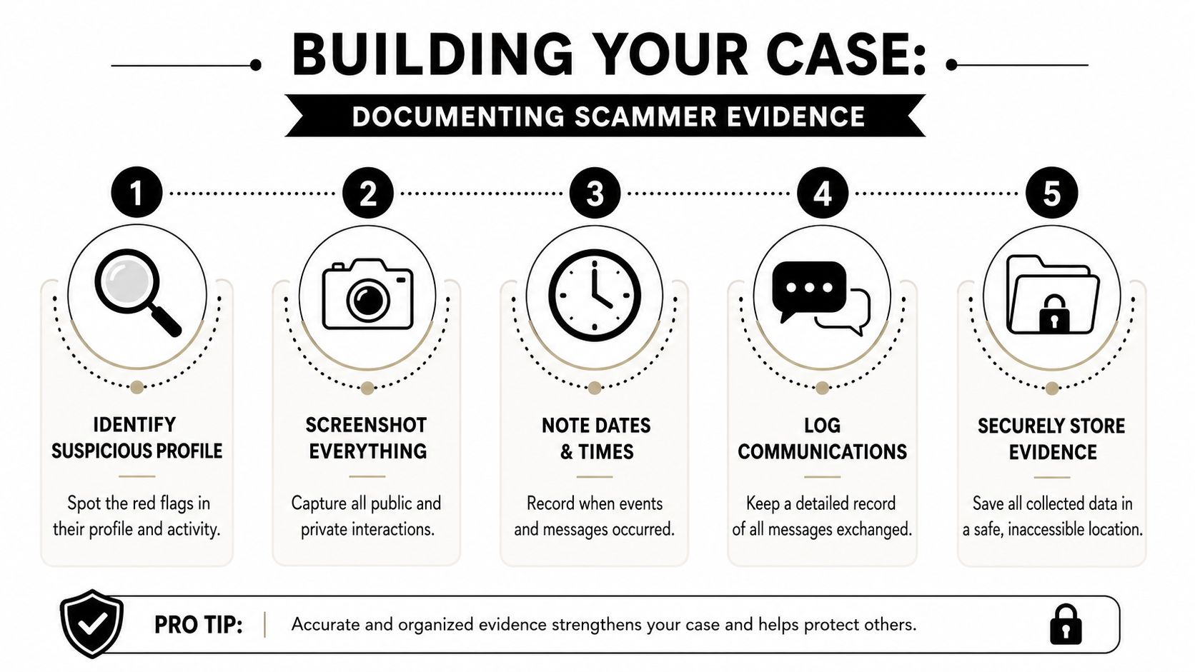 An infographic titled Building Your Case showing five numbered steps for documenting evidence against online scammers.
