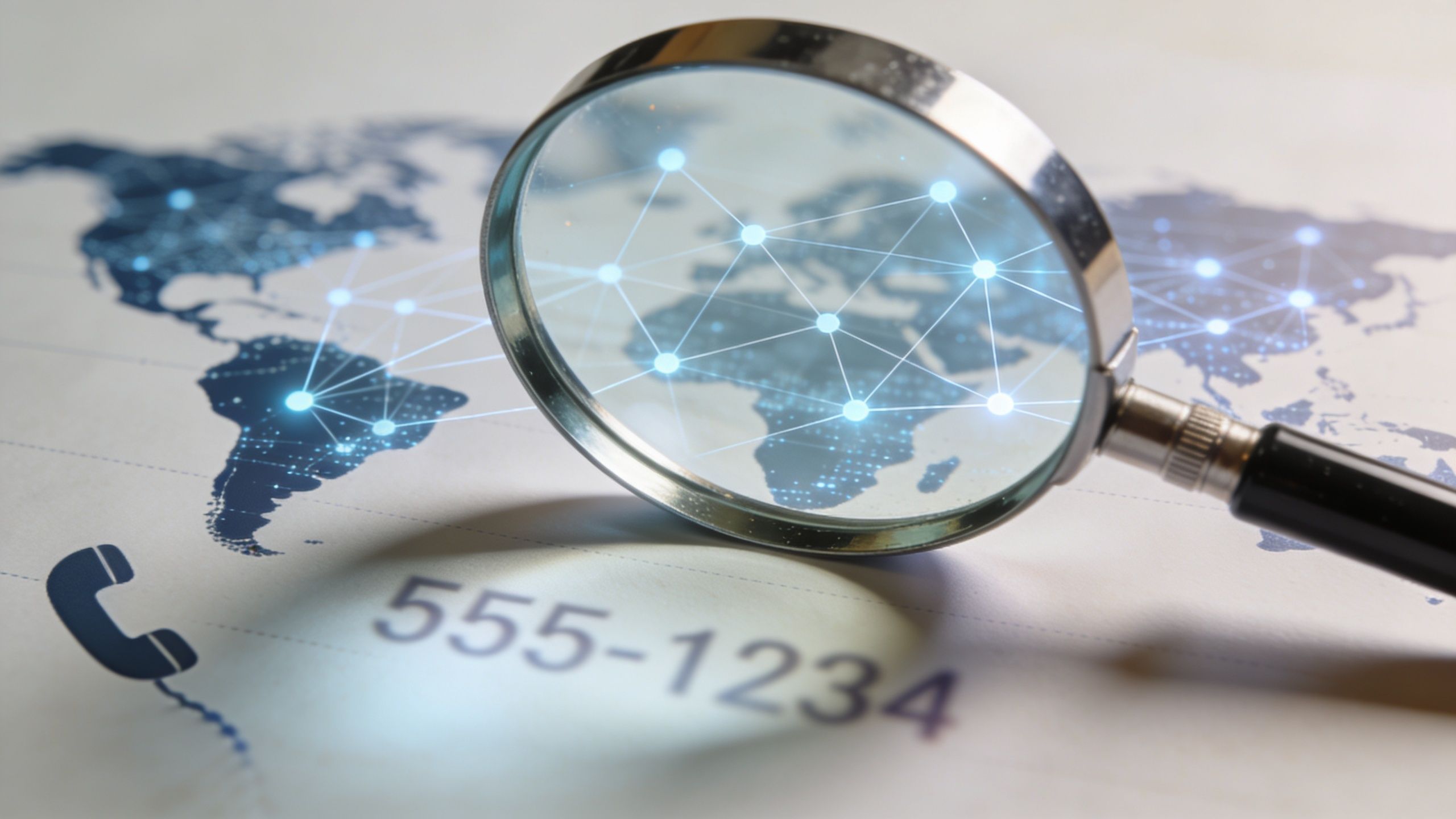 A magnifying glass focusing on a global network map with a telephone icon and number.