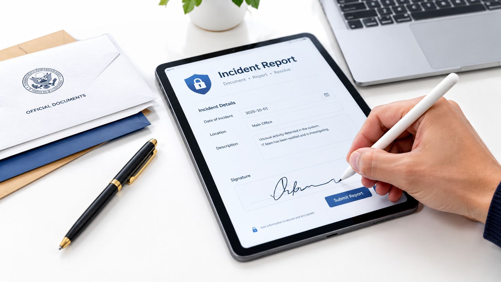 A person digitally signing an official data breach incident report form on a tablet computer device.