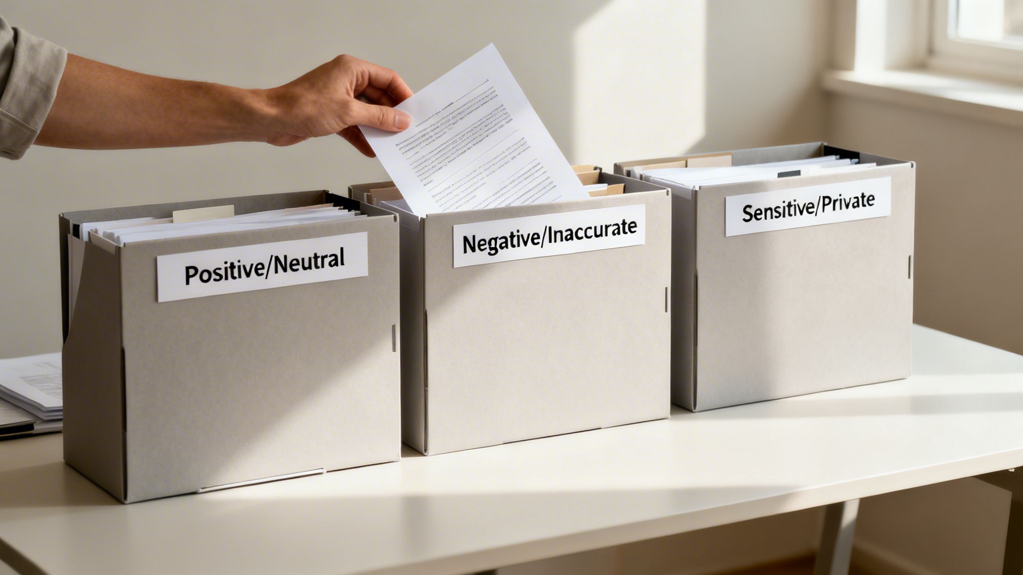 A hand sorts a document into a file box labeled "Negative/Inaccurate" next to "Positive/Neutral" and "Sensitive/Private" boxes.