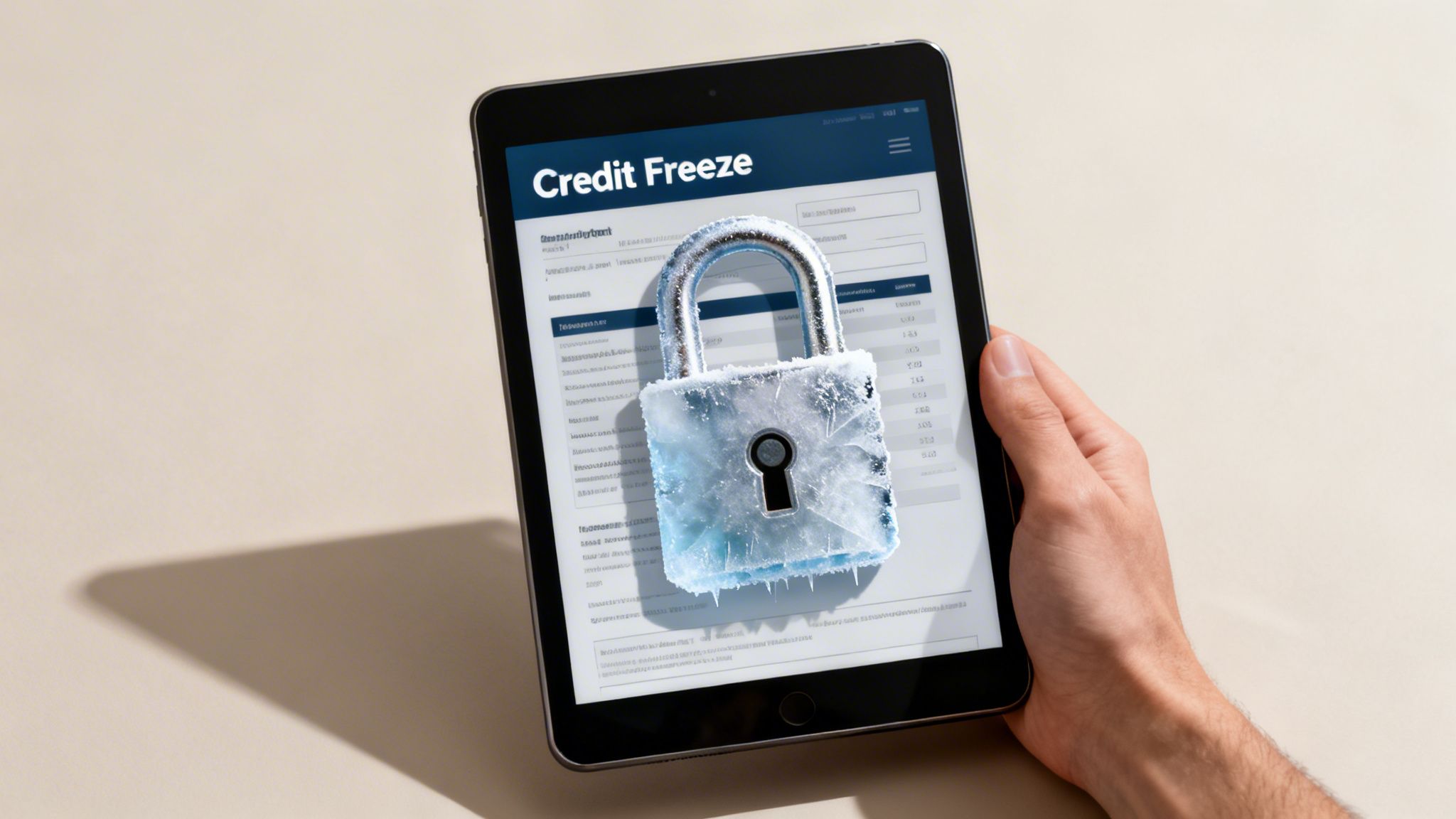 A hand holds a tablet displaying 'Credit Freeze' with an icy padlock, symbolizing credit protection.