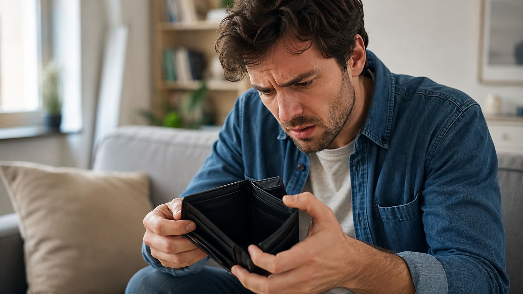A concerned man sitting on a sofa looking at his empty black leather wallet.