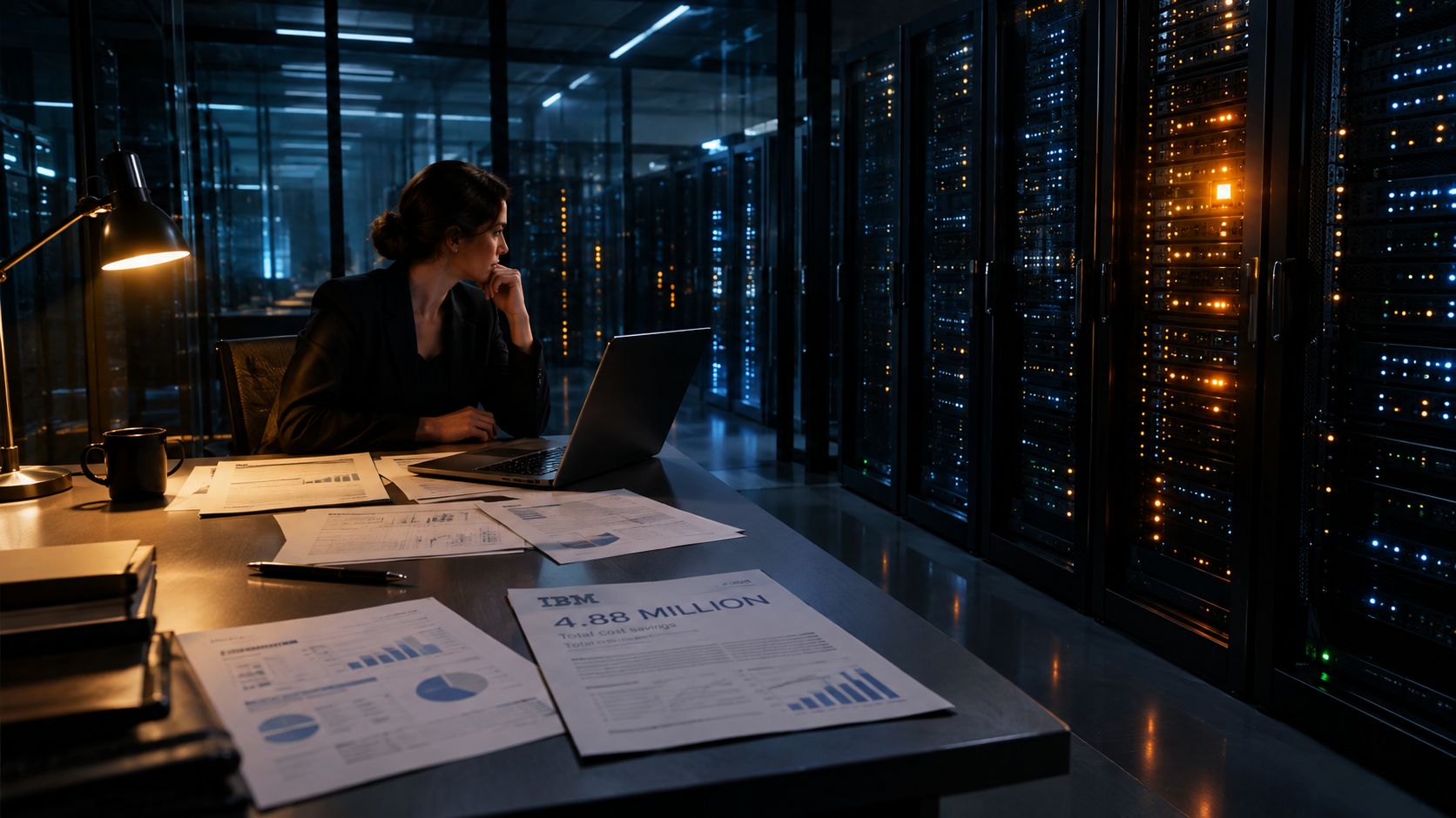 A professional woman working on a laptop at a desk inside a dimly lit server room.
