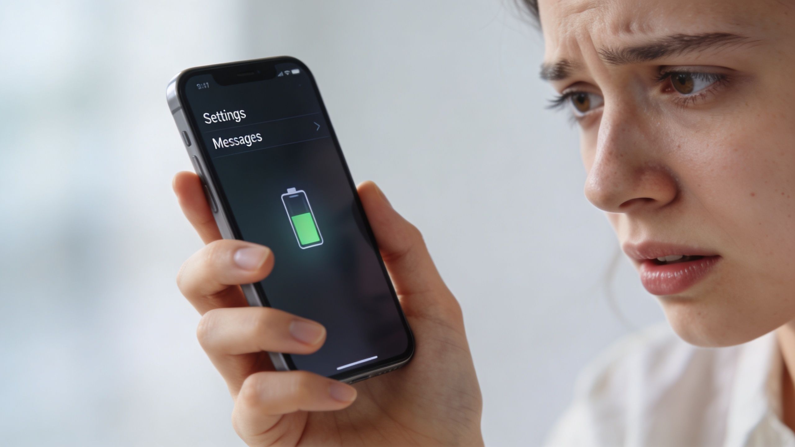 A concerned woman looking at her smartphone screen displaying a battery icon with settings and messages.