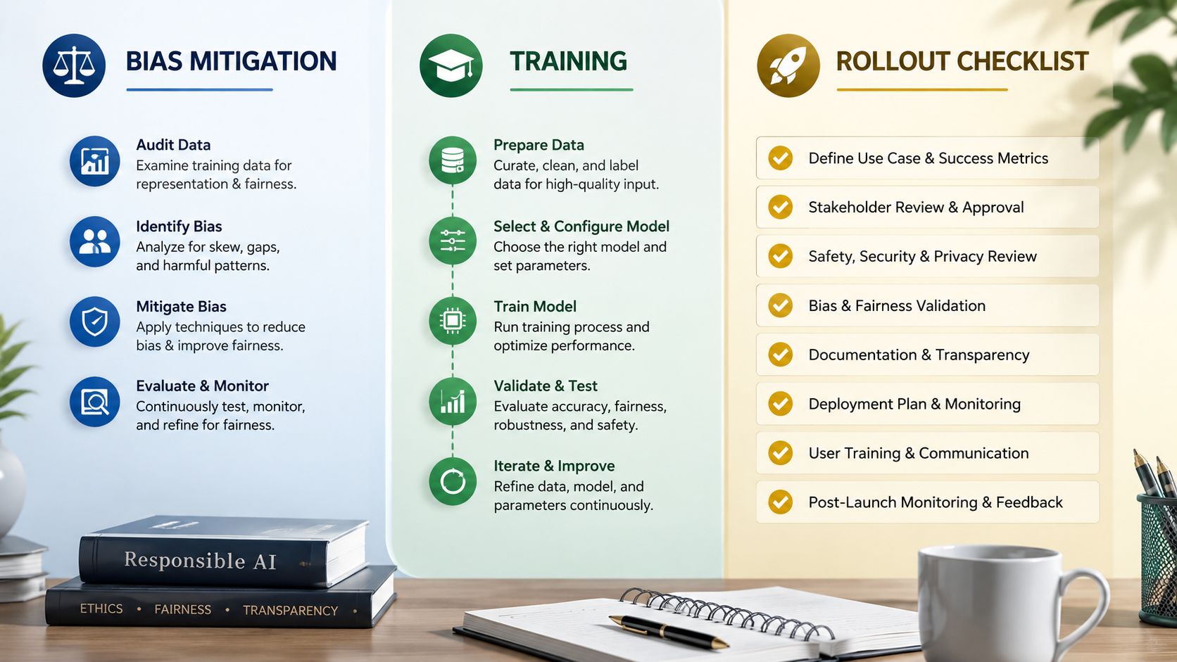 An infographic detailing a framework for responsible AI including bias mitigation, training, and a rollout checklist.