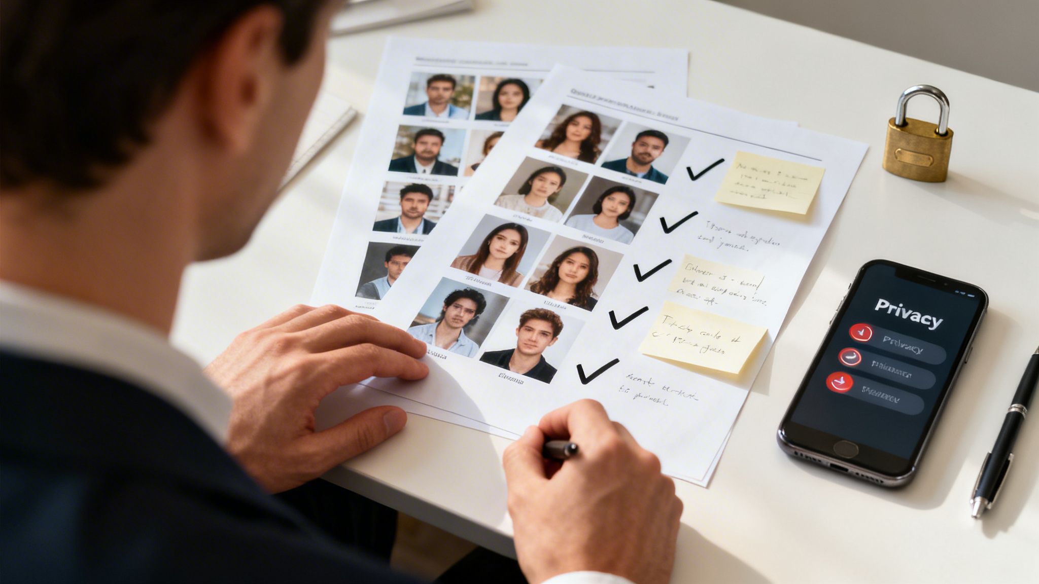 A person reviews documents with profile pictures and checks privacy settings on a smartphone on a desk.