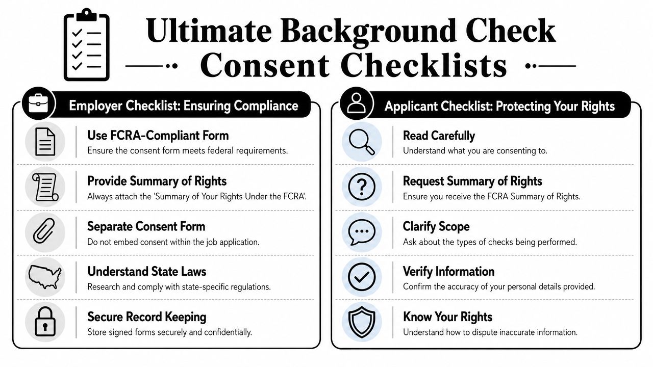 An infographic titled Ultimate Background Check Consent Checklists detailing compliance steps for employers and applicants.