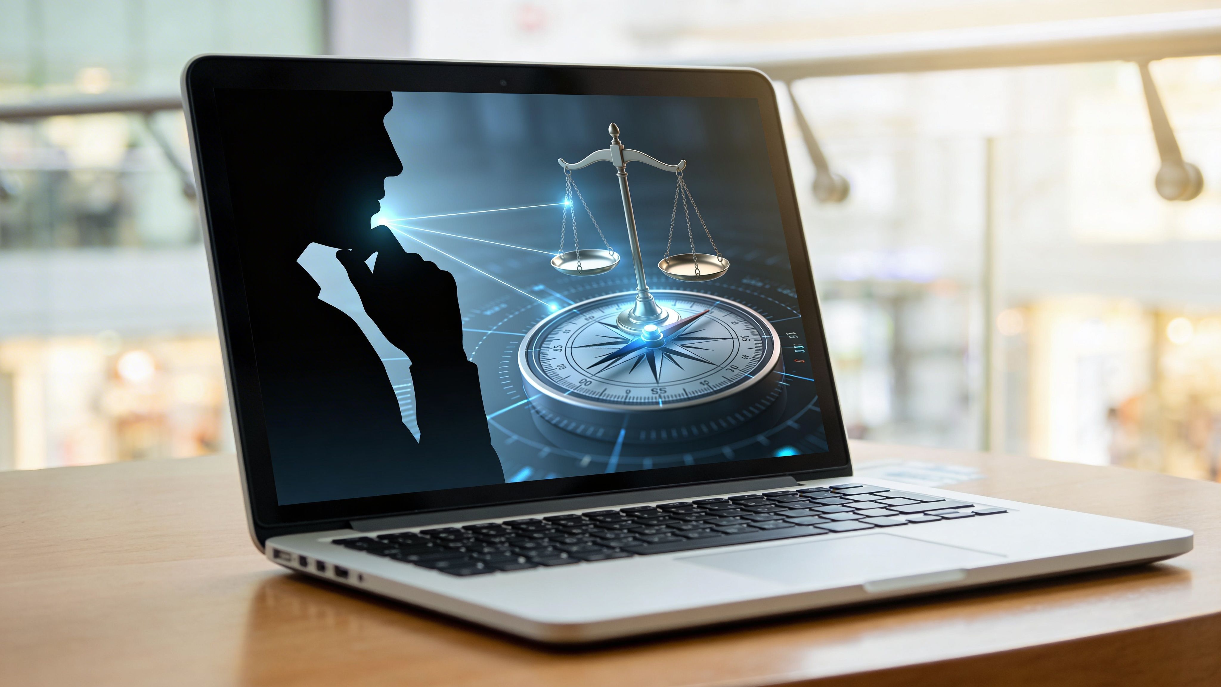 A laptop screen showing a silhouette of a person contemplating a scale of justice over a compass.