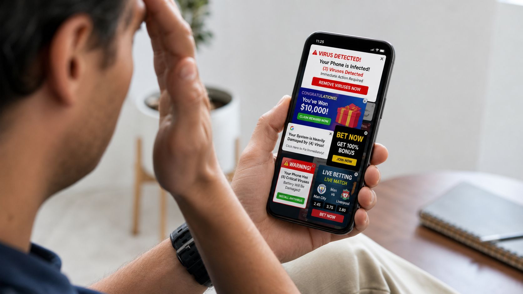 A person looking frustrated at an iPhone screen filled with various fake virus warnings and scam advertisements.