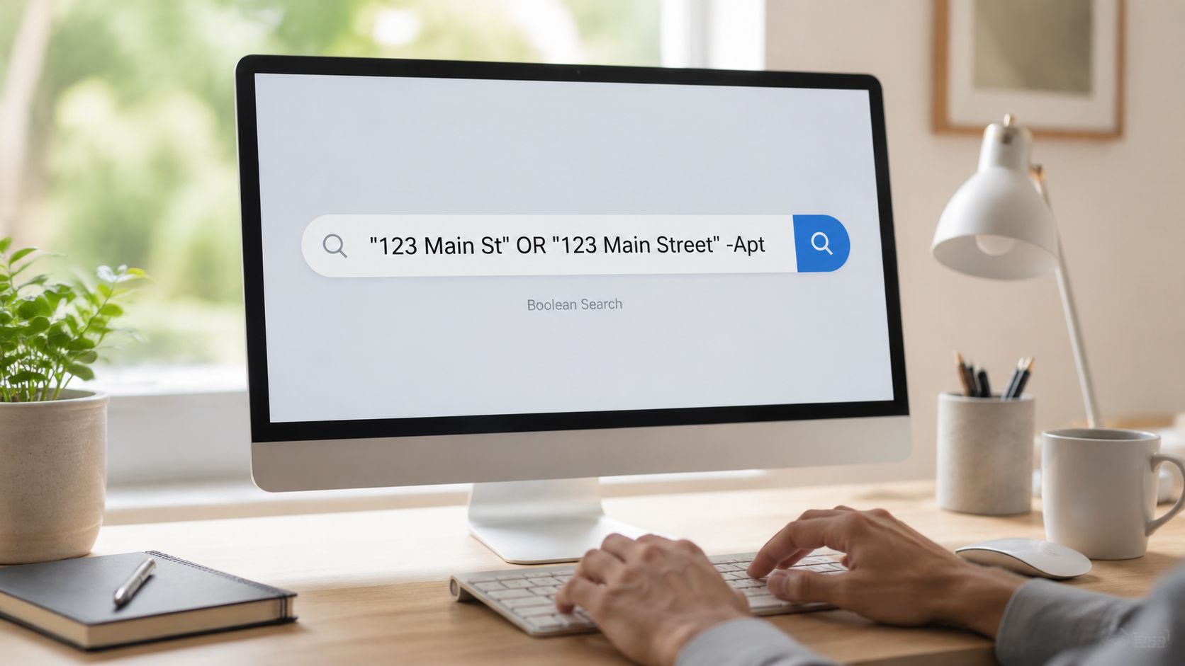 A person using a computer keyboard to perform a Boolean address search on a modern monitor screen.