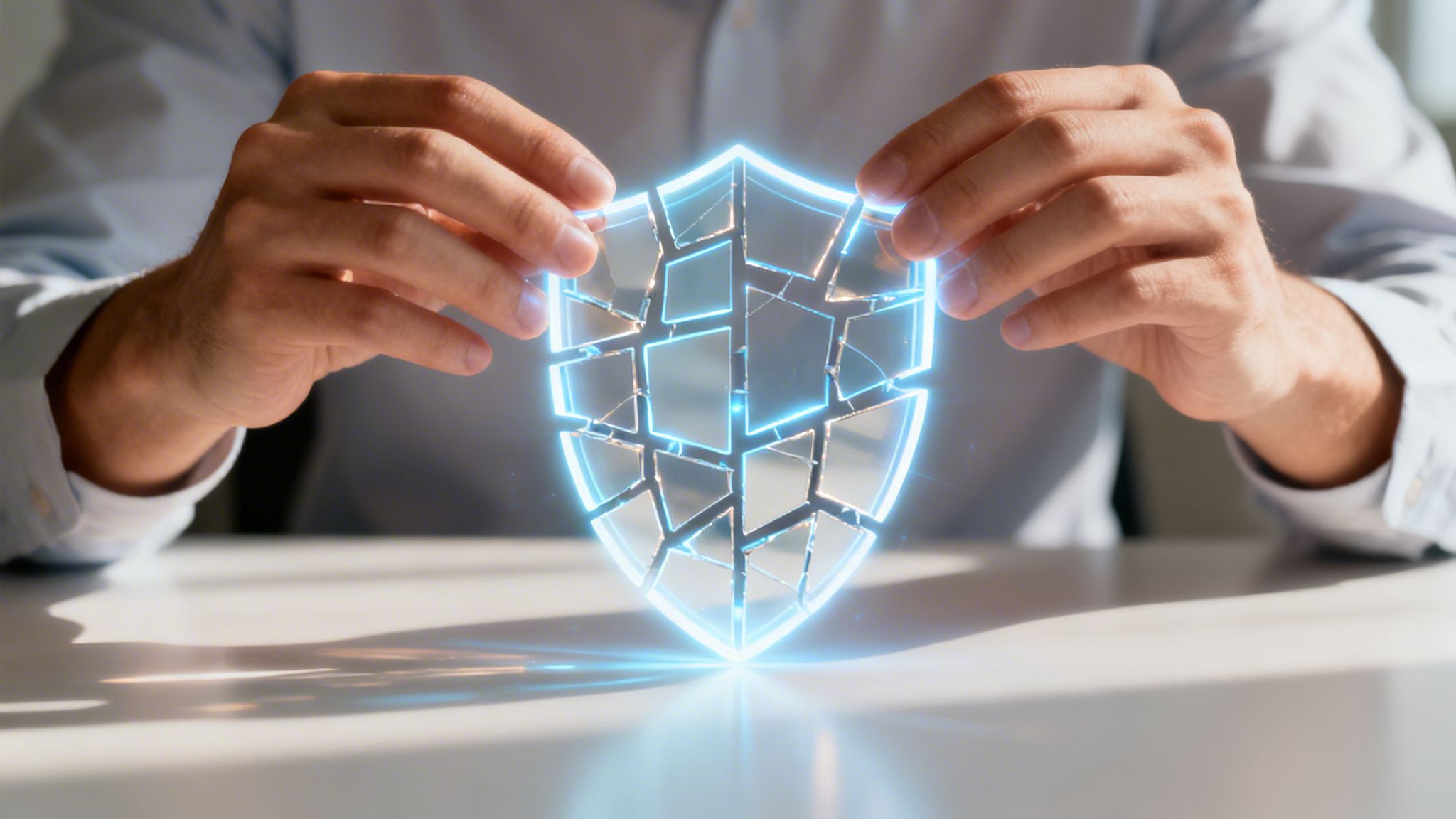 A person holding a glowing, fragmented digital shield representation on a desk symbolizing online security threats.