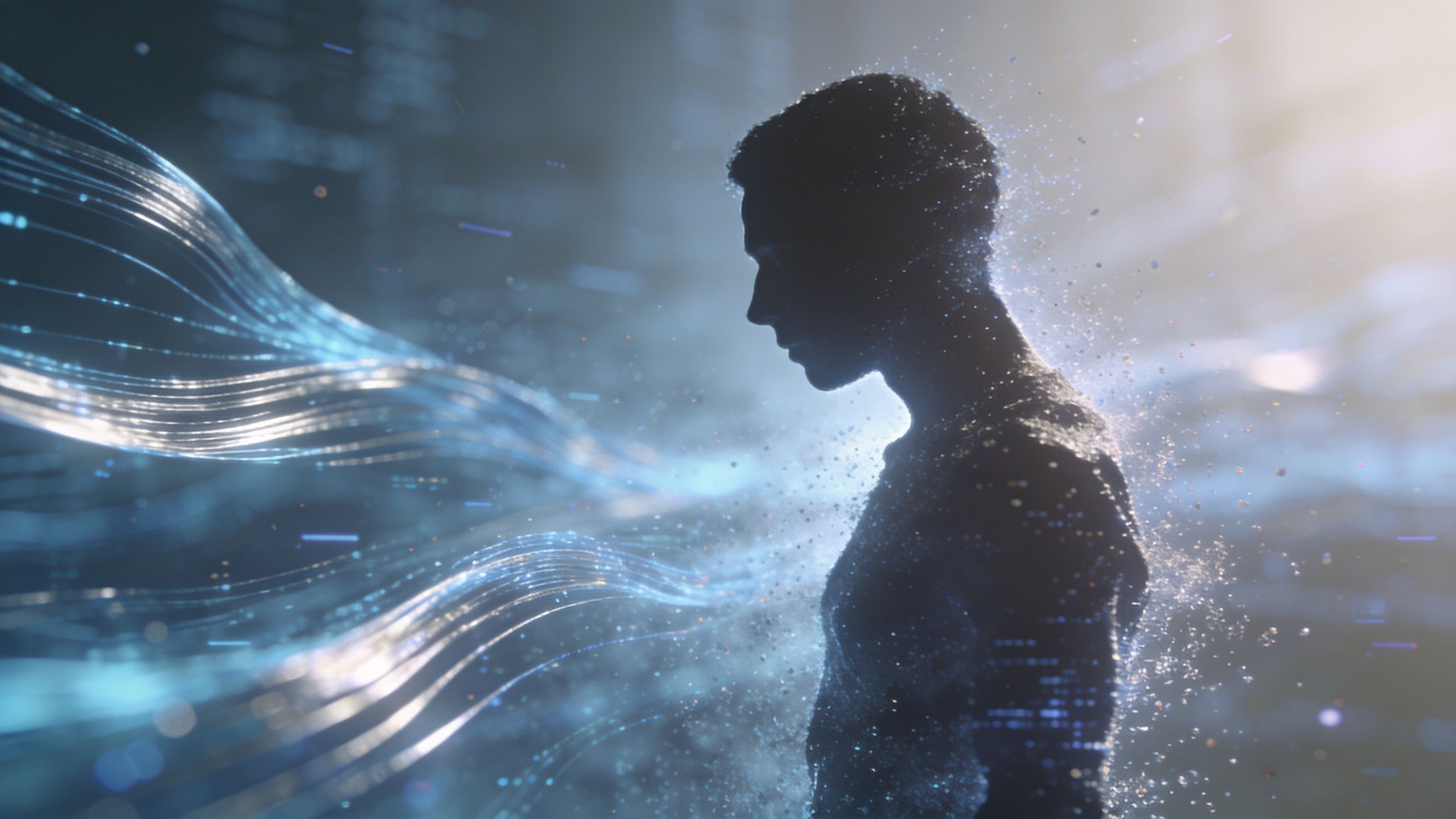 A digital silhouette of a person dissolving into blue particles and abstract flowing light waves.