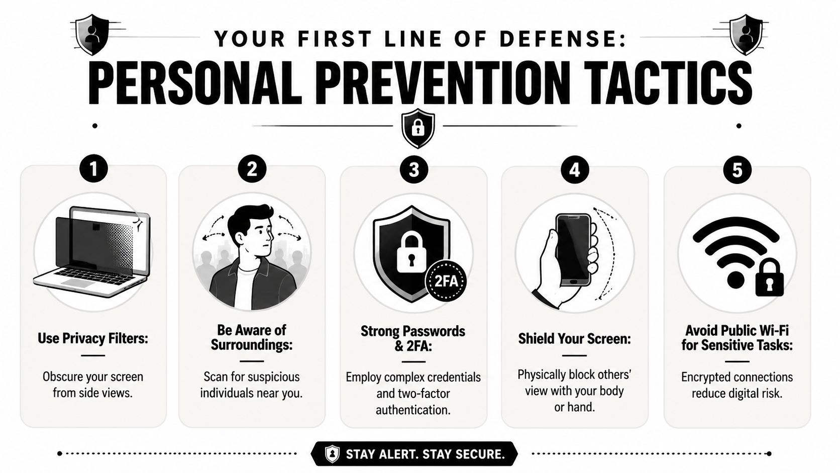 An infographic titled Personal Prevention Tactics showing five tips to prevent shoulder surfing and protect digital privacy.