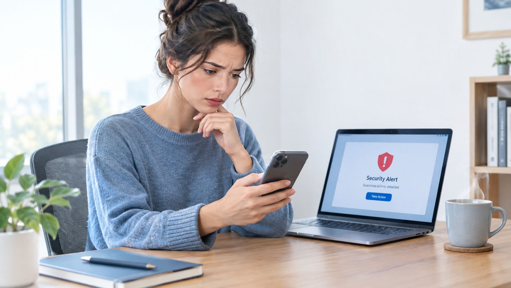 A concerned woman checks her smartphone while working at a laptop displaying a digital security alert.
