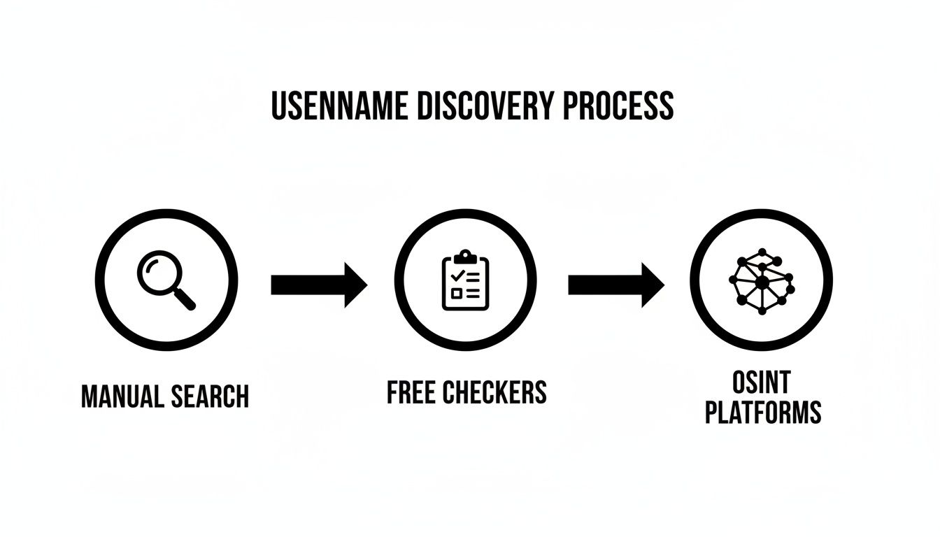 A flowchart showing the username discovery process: Manual Search, Free Checkers, and OSINT Platforms.