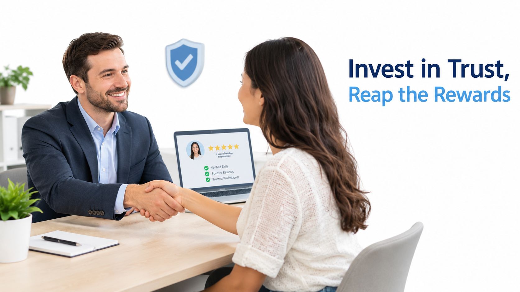 A professional man and a woman shaking hands over a desk with a reputation management dashboard screen.